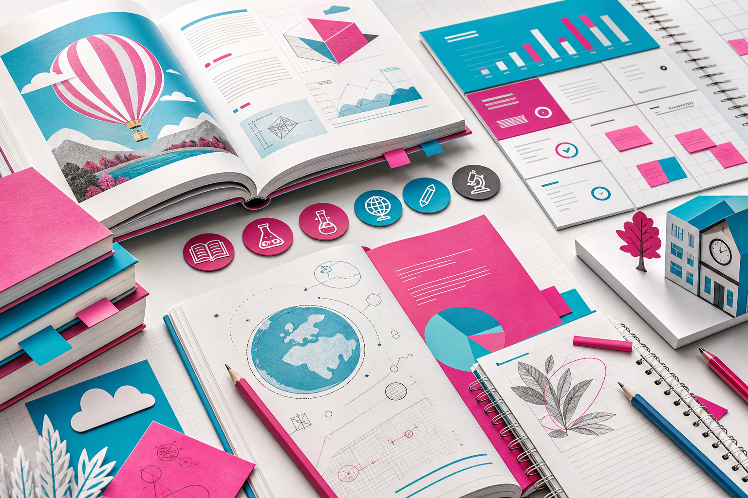 Textos escolares, cuadernos y materiales editoriales en paleta magenta y cyan